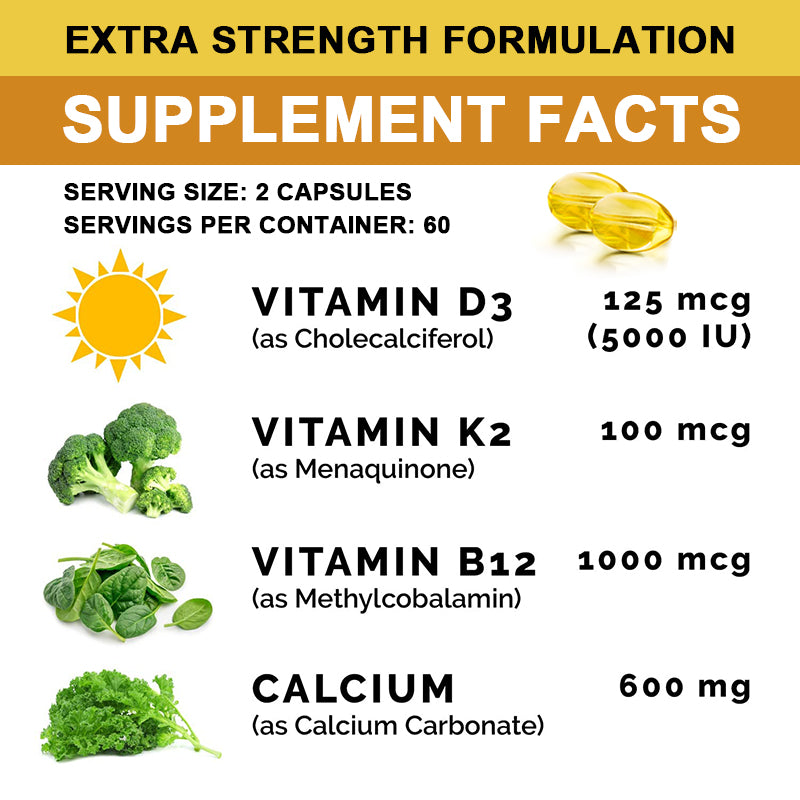 Calcium 1000 IU + Vitamin D3, K2, & B12 Supplement