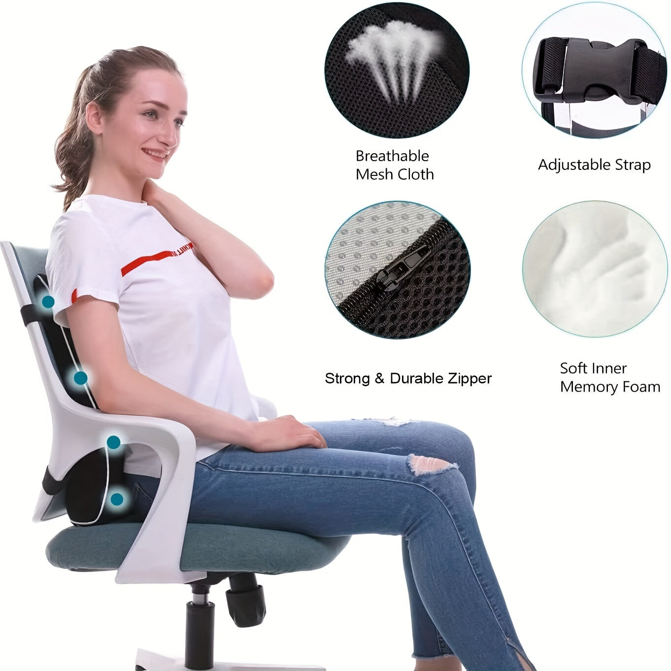 Ergonomic Memory Foam Lumbar Support Pillow with Breathable Polyester Mesh Cover