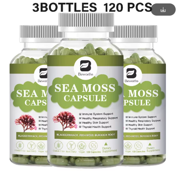 BEWORTHS 120Pills Organic Sea Moss Capsules for Immune System Energy Gut Health Skin & Joint Support Raw Seamoss Pills & Powder