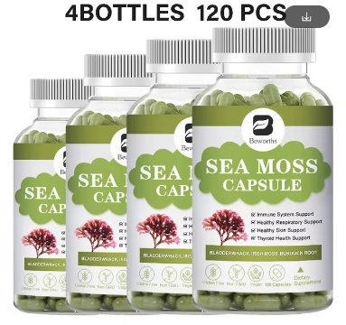 BEWORTHS 120Pills Organic Sea Moss Capsules for Immune System Energy Gut Health Skin & Joint Support Raw Seamoss Pills & Powder