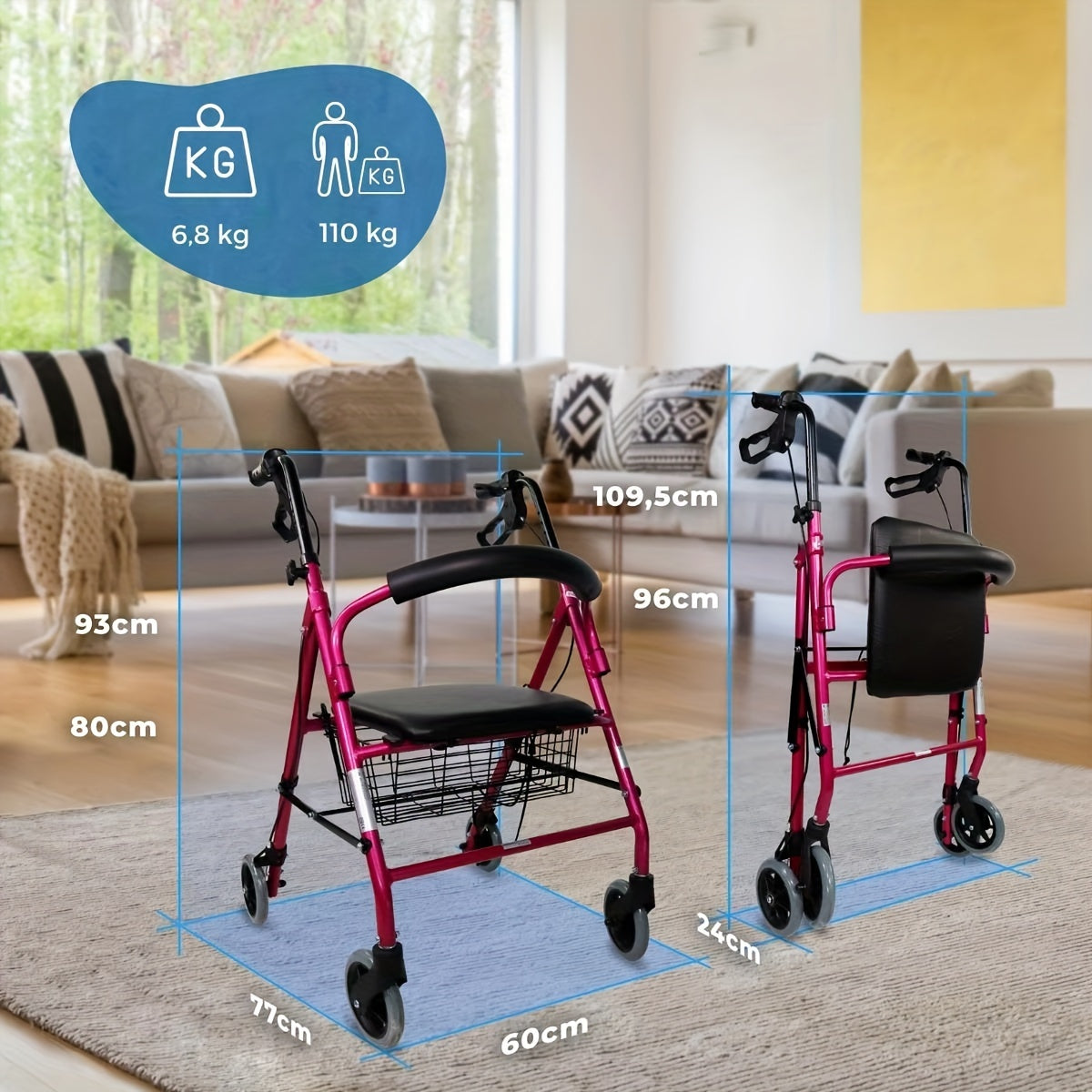 Country-Style Adult Rolling Walker with Seat, Aluminum Frame, Elderly Assistance,  Walking Aid