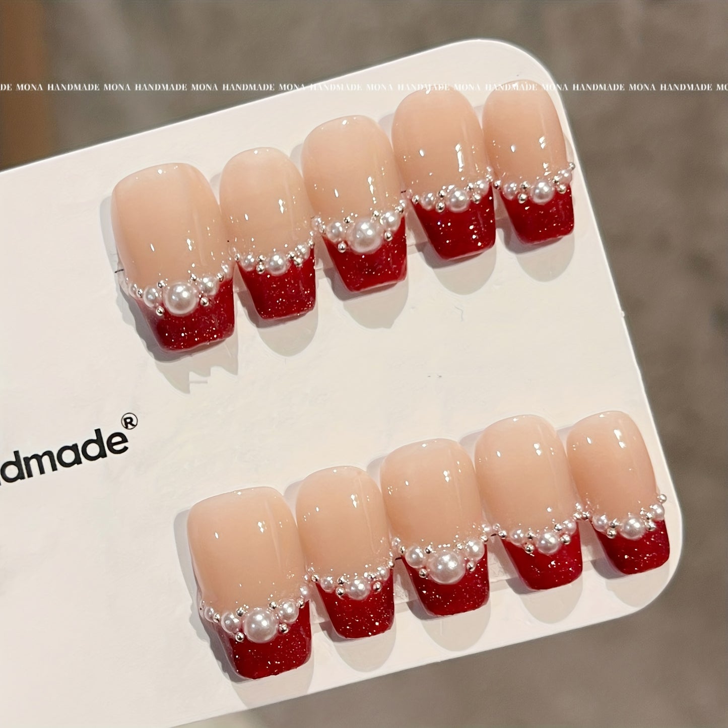 Glossy Nude Press-On Nails with Chic Pearl & Glitter