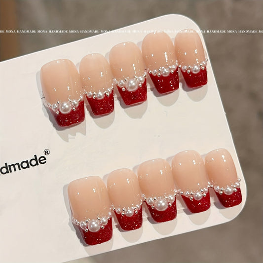Glossy Nude Press-On Nails with Chic Pearl & Glitter