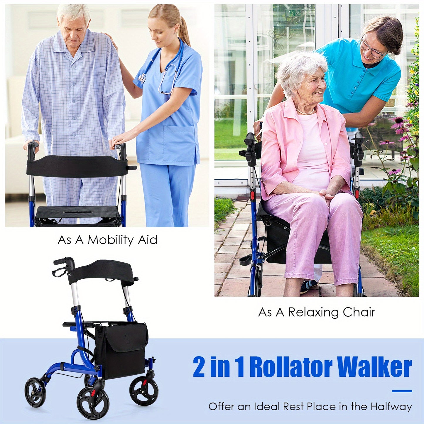 2-in-1 Rollator Walker with Seat and storage