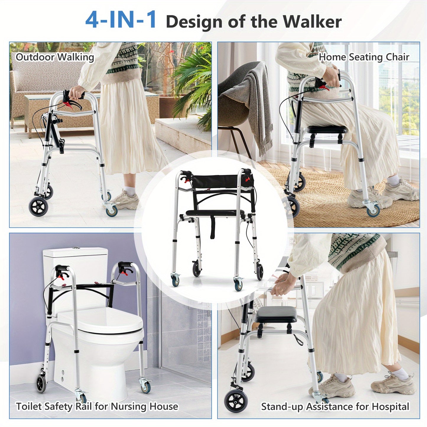 \ 2-Button Folding Walker, Height Adjustable Walking Aid
