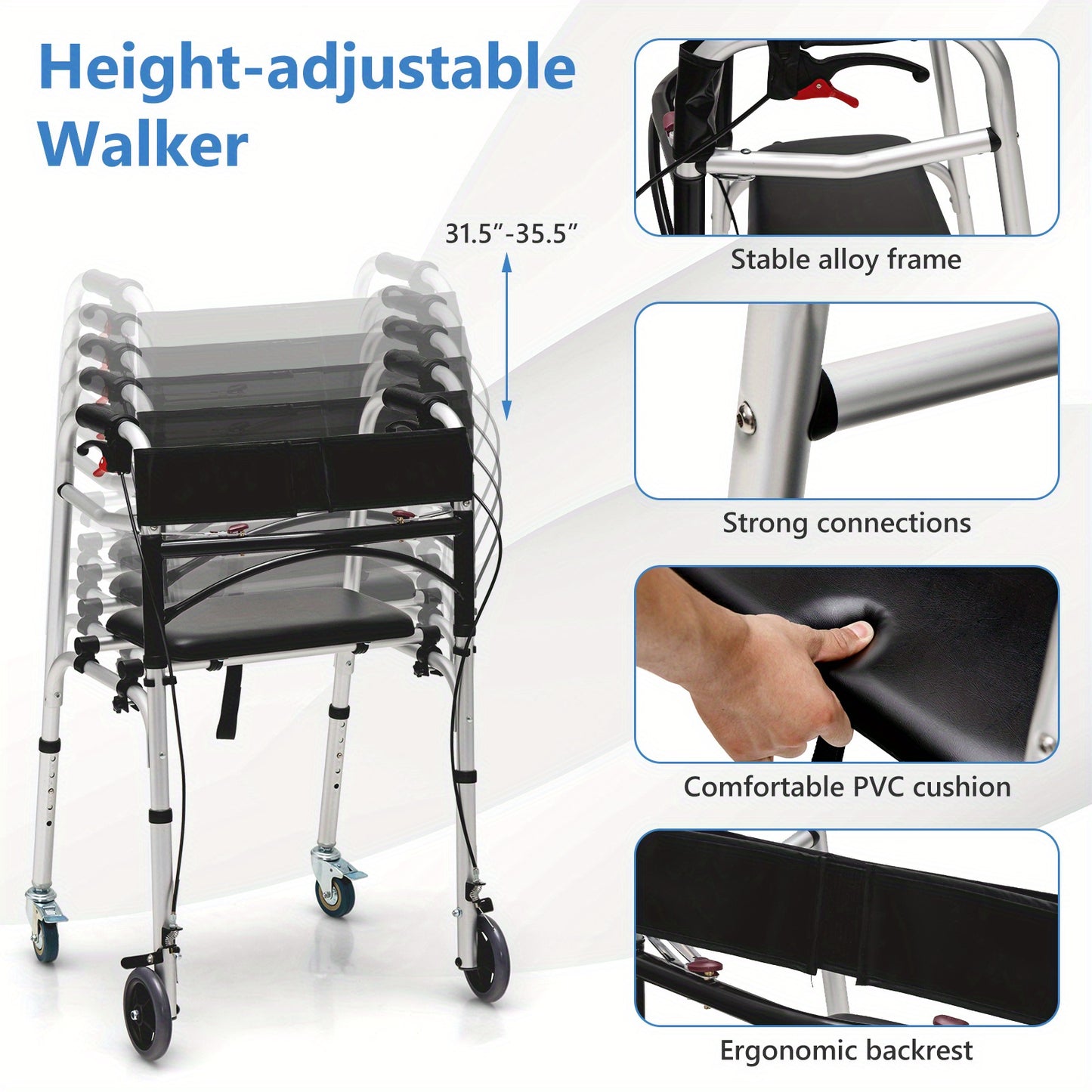 \ 2-Button Folding Walker, Height Adjustable Walking Aid