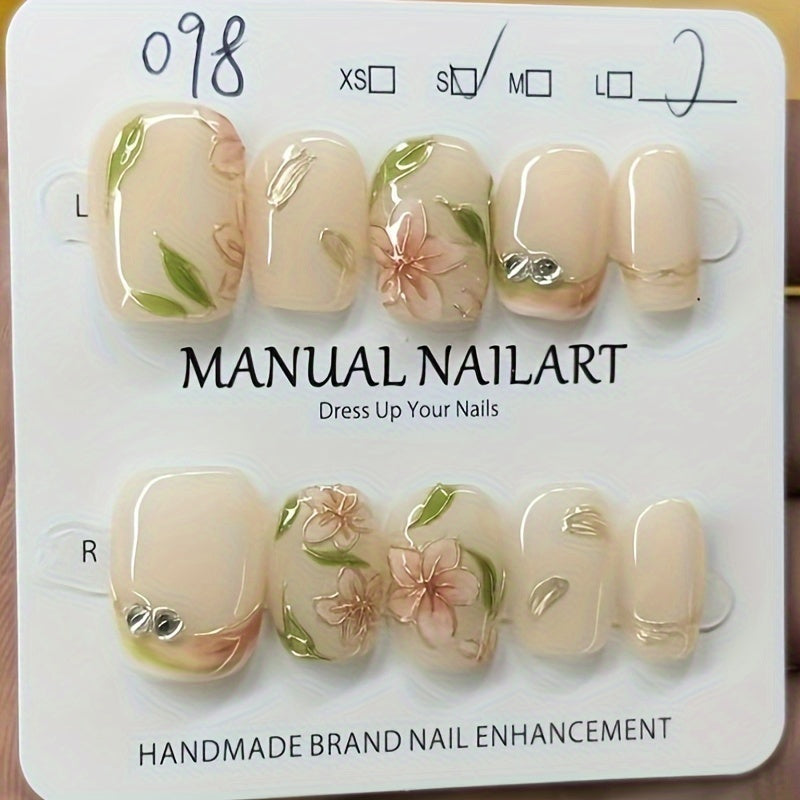 10pcs Nude Square Short Flower Pattern Glossy Press-on Nails for Women and Girls