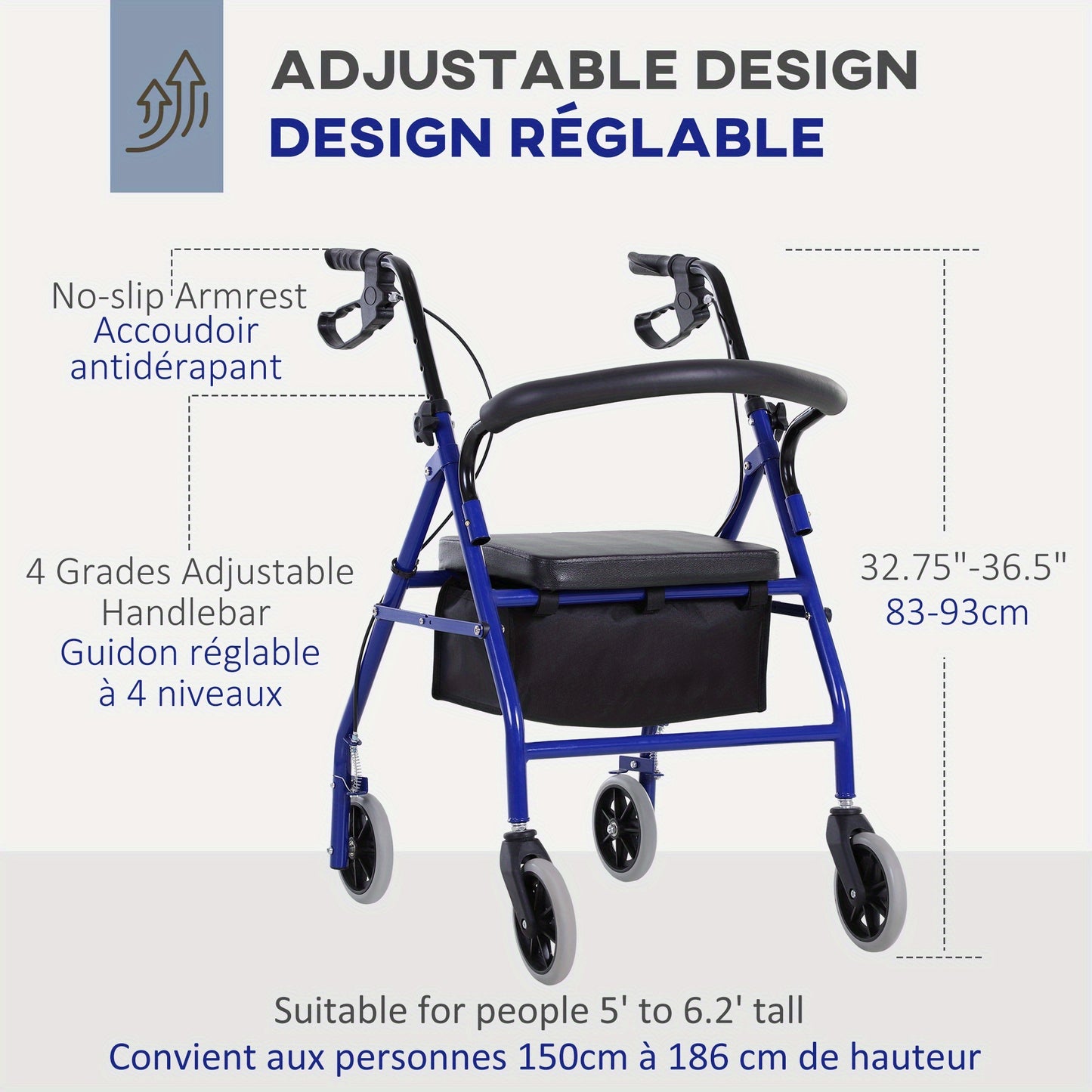 HOMCOM Folding Aluminum Rollator Walker with Adjustable Handle Height