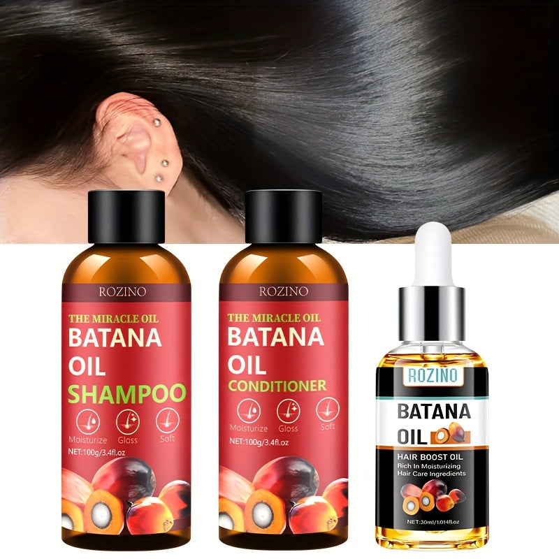 3pcs Batana Hair Care Essential Oil Set, Combined with Shampoo, Conditioner