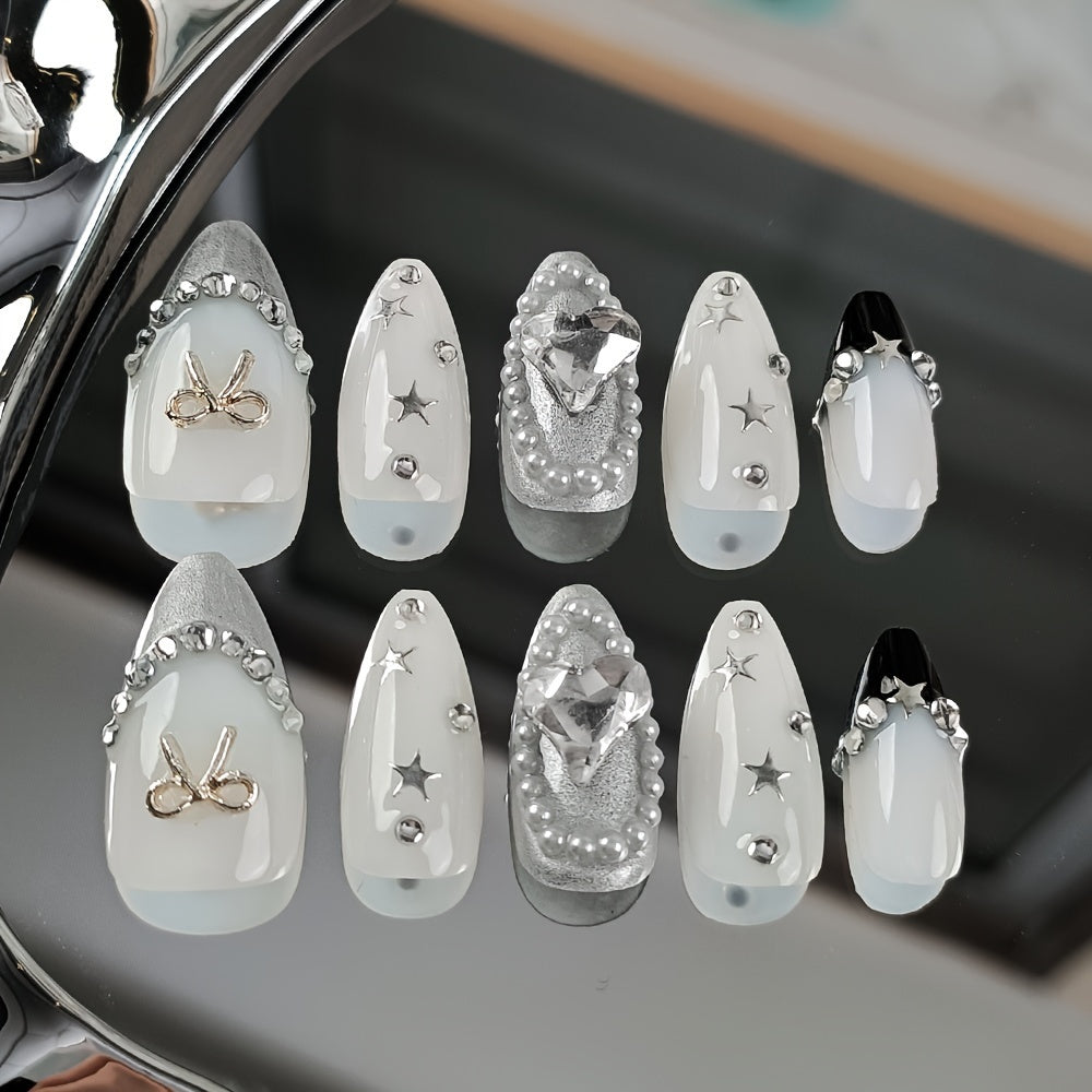 10pcs Set Handmade Silvery Butterfly & Star Press-On Nails