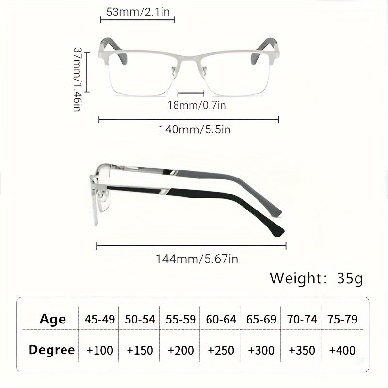 +1.0 to +4.0 Magnifying Power Half-Rim Reading Glasses for Men