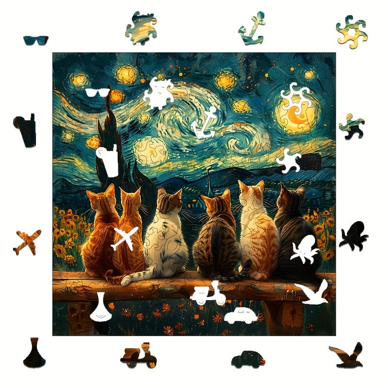 Starry Night Colorful Cat Wooden Puzzle