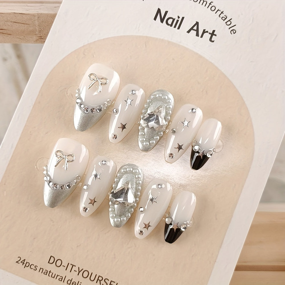 10pcs Set Handmade Silvery Butterfly & Star Press-On Nails